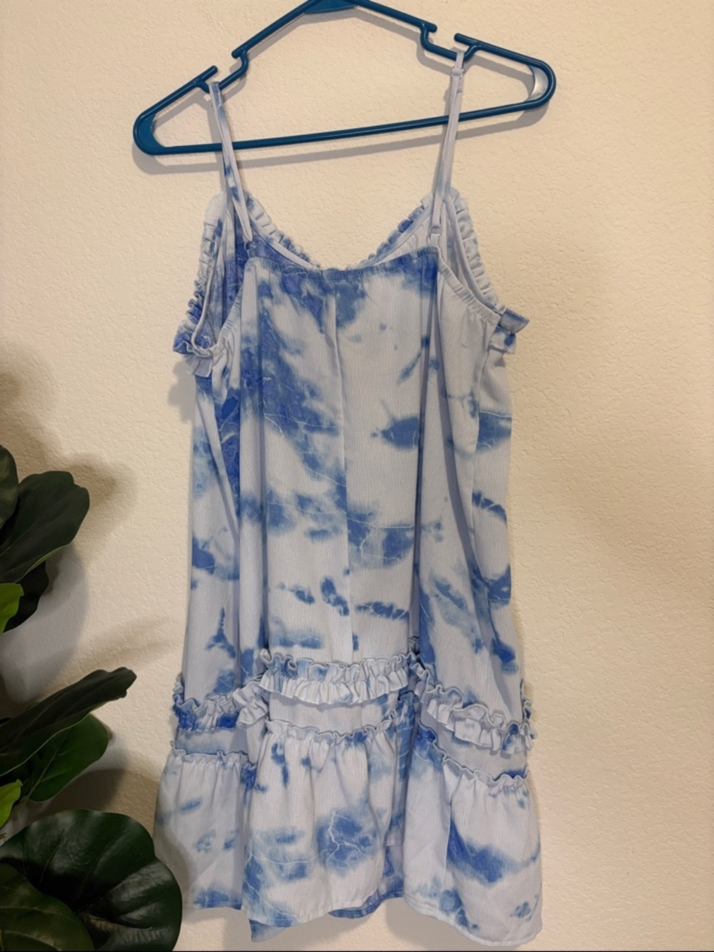Blue Tie-Dye Ruffle Mini Dress swim cover up L - Picture 6 of 6